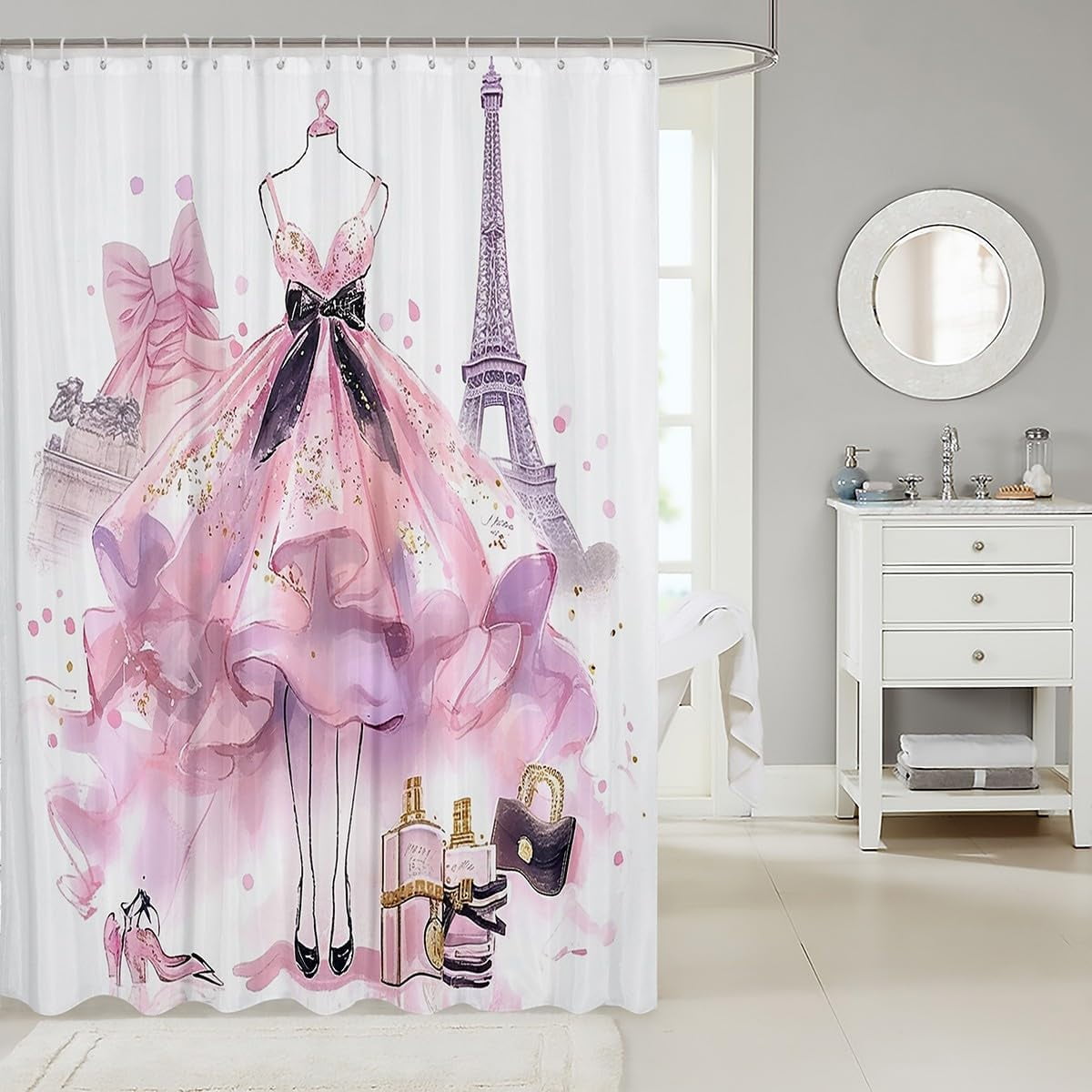 Pink Floral Shower Curtain Modern Fashion Girly Bath Curtain Romantic Makeup Themed Bathroom Decor Black White Stripe Waterproof Women Perfume Print, 60" W x 72" L