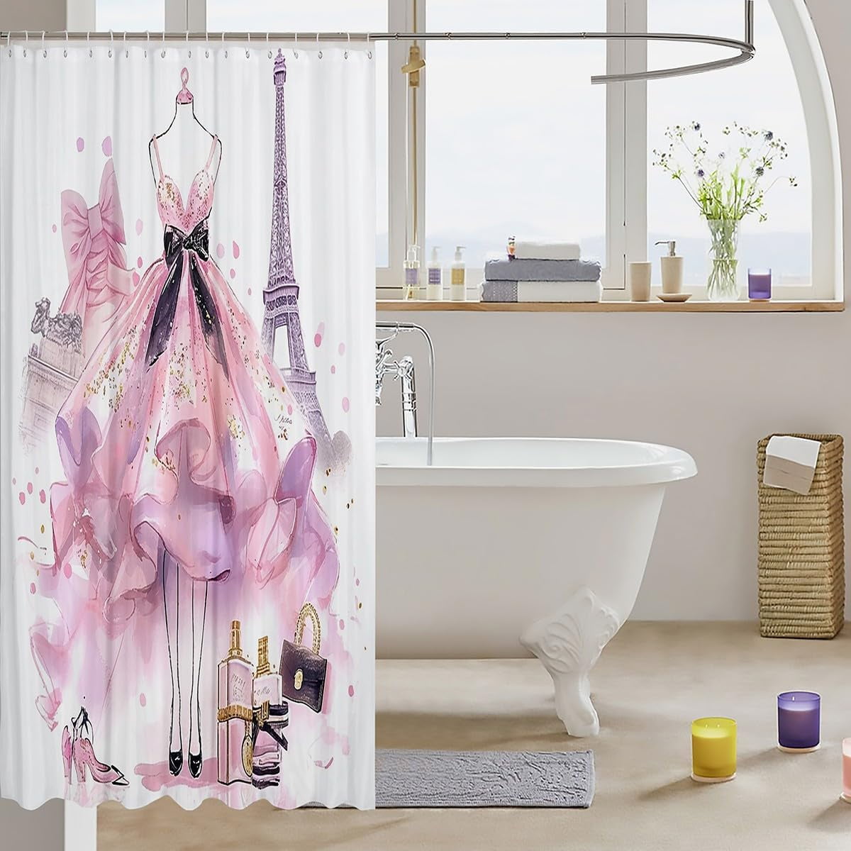 Pink Floral Shower Curtain Modern Fashion Girly Bath Curtain Romantic Makeup Themed Bathroom Decor Black White Stripe Waterproof Women Perfume Print, 60" W x 72" L