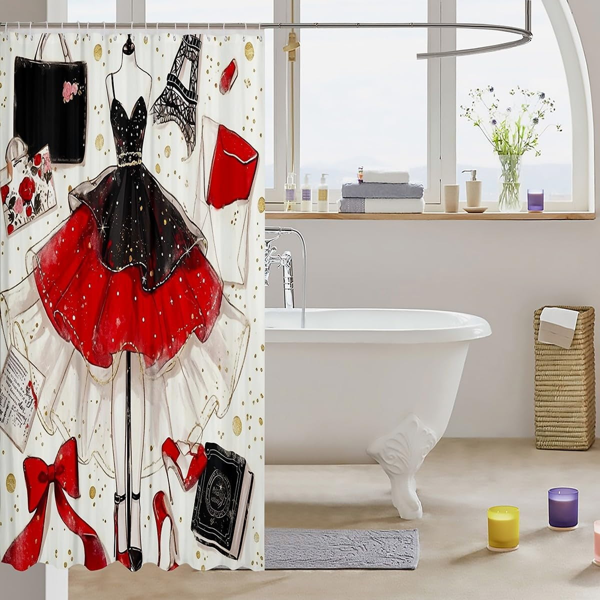 Pink Floral Shower Curtain Modern Fashion Girly Bath Curtain Romantic Makeup Themed Bathroom Decor Black White Stripe Waterproof Women Perfume Print, 60" W x 72" L
