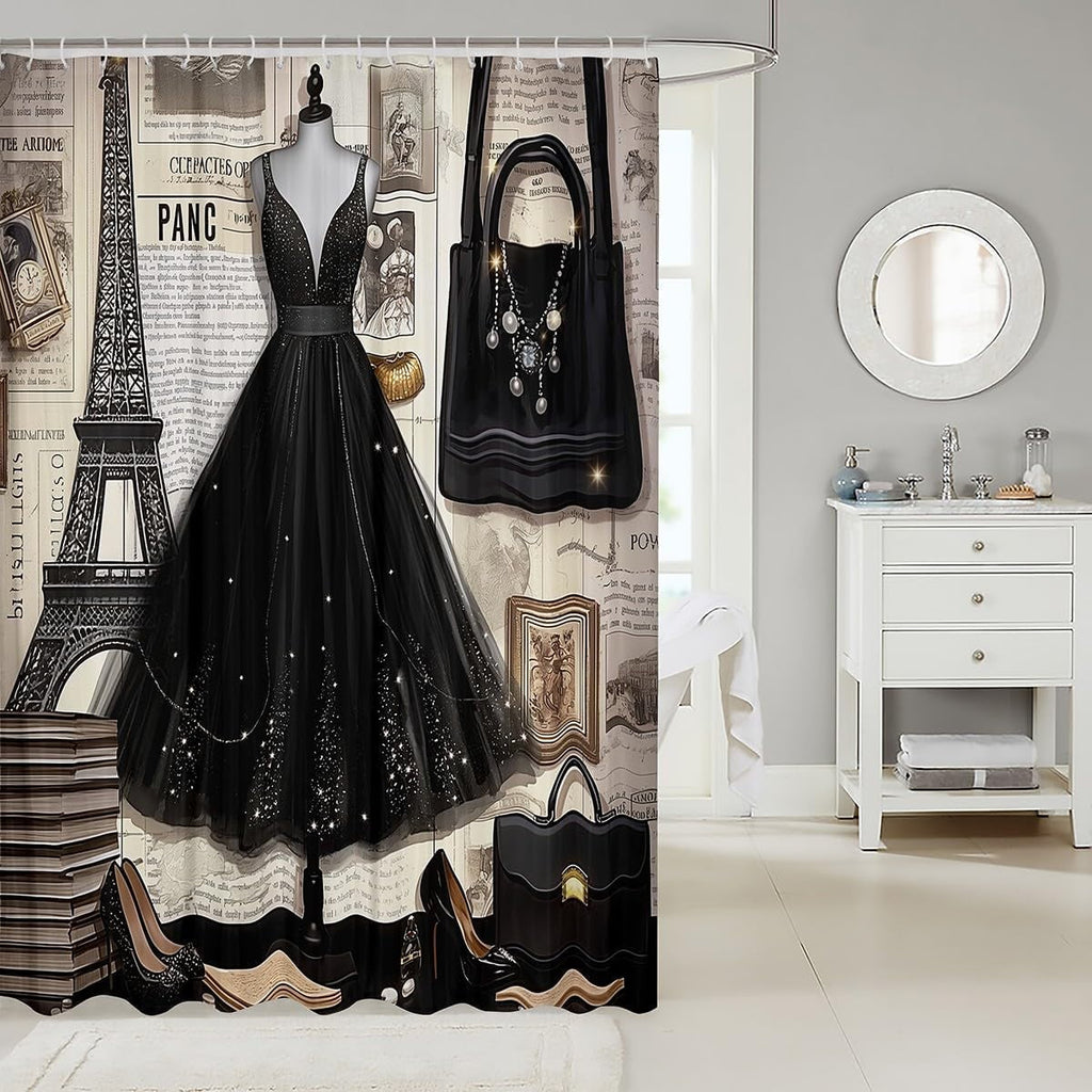 Pink Floral Shower Curtain Modern Fashion Girly Bath Curtain Romantic Makeup Themed Bathroom Decor Black White Stripe Waterproof Women Perfume Print, 60" W x 72" L