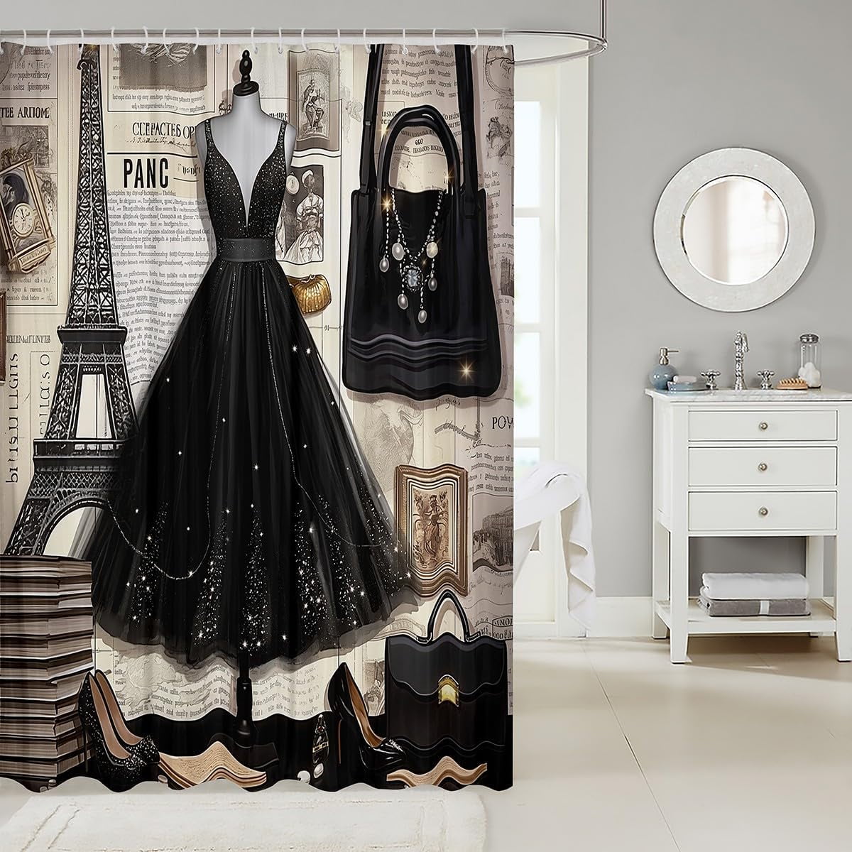 Pink Floral Shower Curtain Modern Fashion Girly Bath Curtain Romantic Makeup Themed Bathroom Decor Black White Stripe Waterproof Women Perfume Print, 60" W x 72" L
