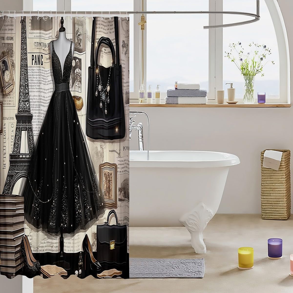 Pink Floral Shower Curtain Modern Fashion Girly Bath Curtain Romantic Makeup Themed Bathroom Decor Black White Stripe Waterproof Women Perfume Print, 60" W x 72" L