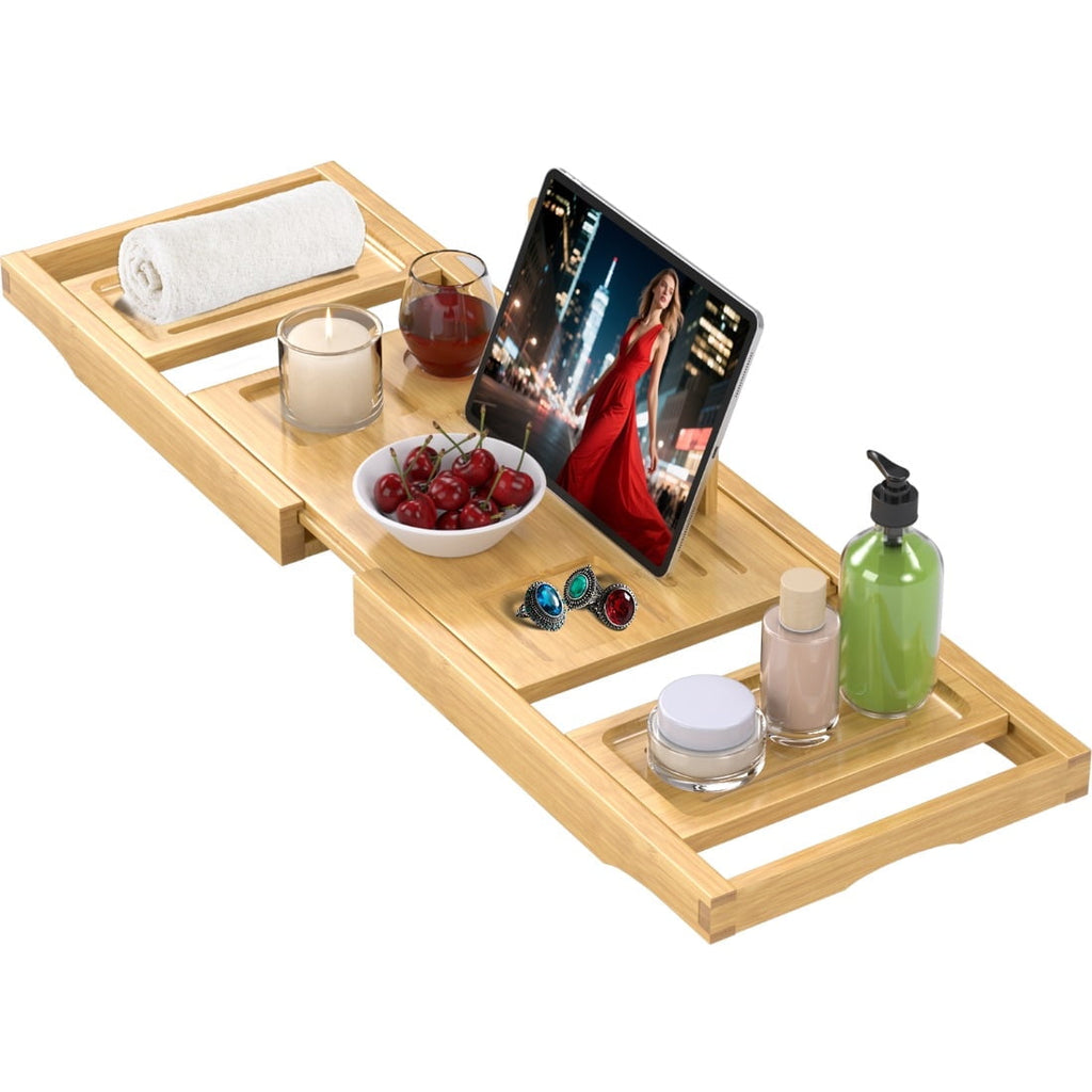 Bathtub Tray Caddy,Premium Bamboo Expandable Bath Tub Trays Table, Foldable Bathroom Accessories,Great House Warming, Anniversary and Birthday Gifts