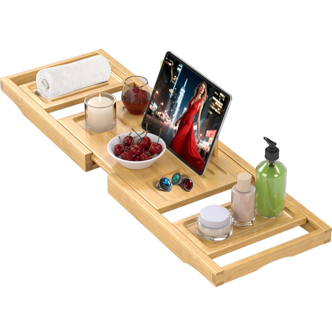 Bathtub Tray Caddy,Premium Bamboo Expandable Bath Tub Trays Table, Foldable Bathroom Accessories,Great House Warming, Anniversary and Birthday Gifts
