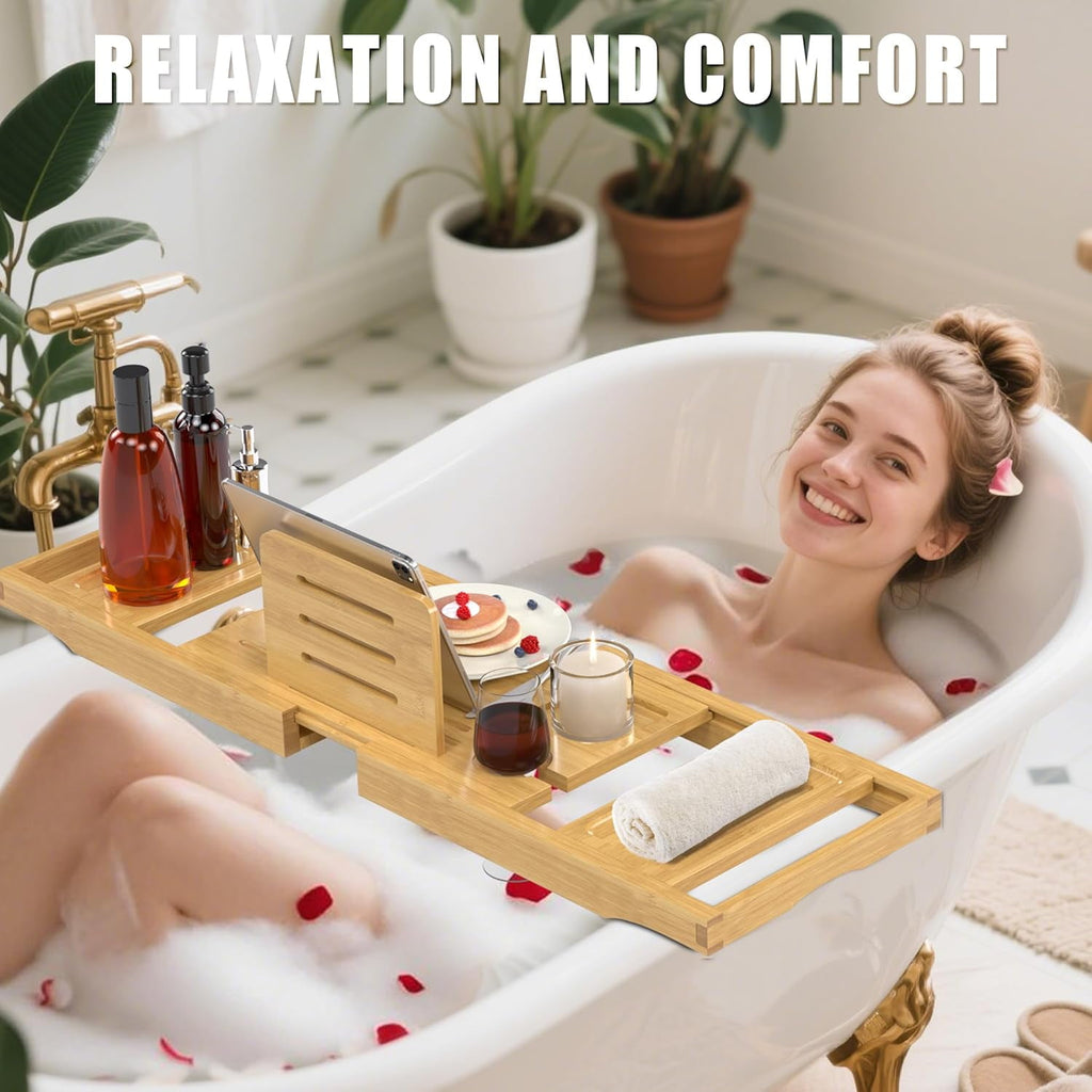 Bathtub Tray Caddy,Premium Bamboo Expandable Bath Tub Trays Table, Foldable Bathroom Accessories,Great House Warming, Anniversary and Birthday Gifts