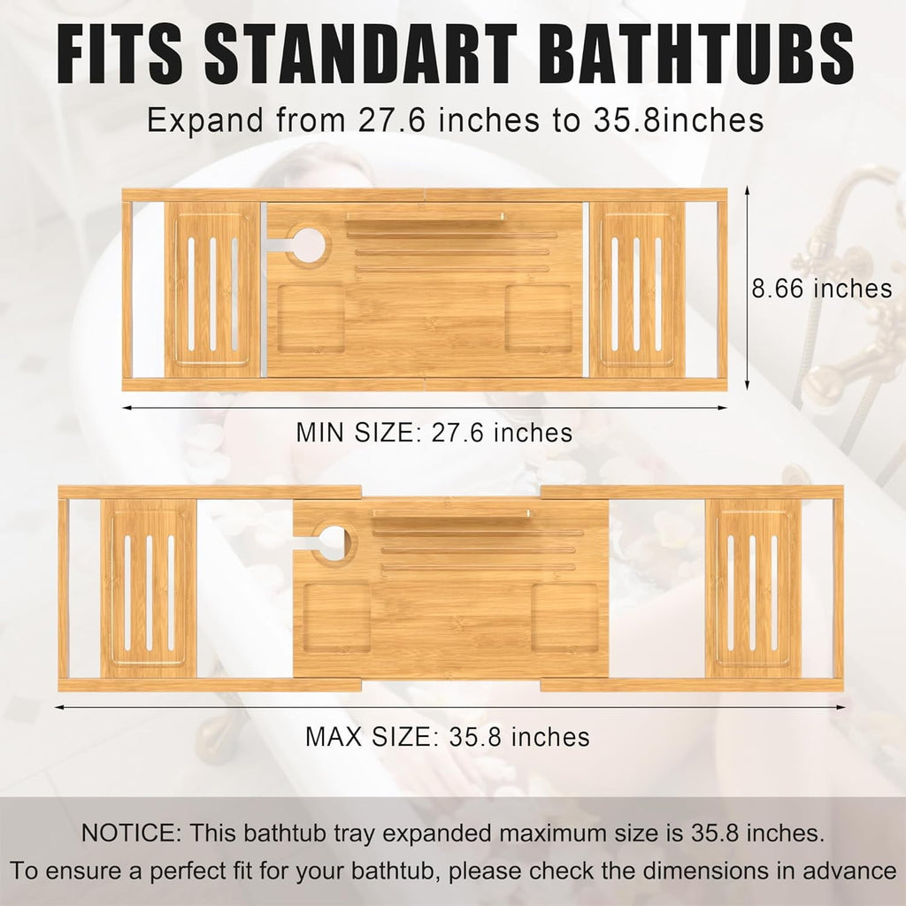 Bathtub Tray Caddy,Premium Bamboo Expandable Bath Tub Trays Table, Foldable Bathroom Accessories,Great House Warming, Anniversary and Birthday Gifts