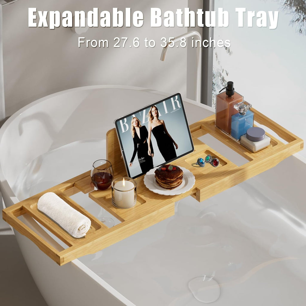 Bathtub Tray Caddy,Premium Bamboo Expandable Bath Tub Trays Table, Foldable Bathroom Accessories,Great House Warming, Anniversary and Birthday Gifts
