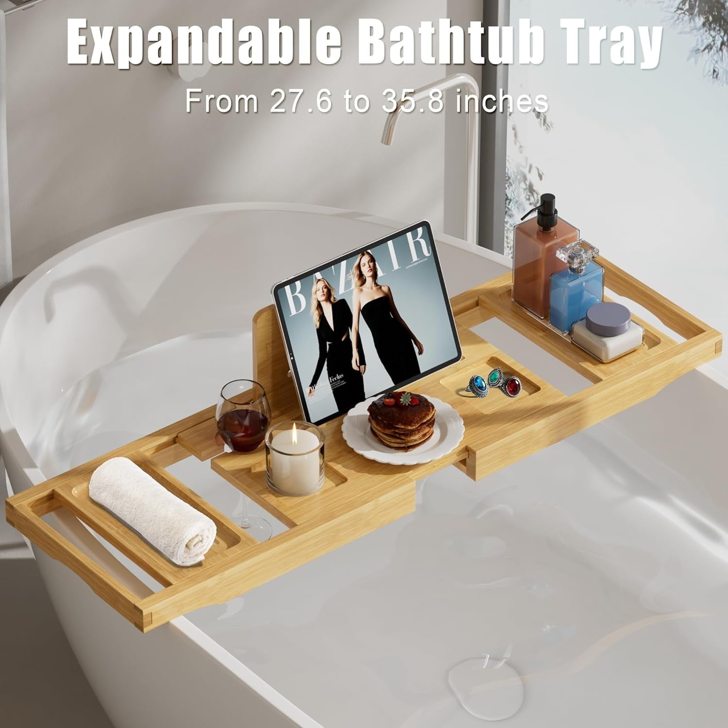 Bathtub Tray Caddy,Premium Bamboo Expandable Bath Tub Trays Table, Foldable Bathroom Accessories,Great House Warming, Anniversary and Birthday Gifts