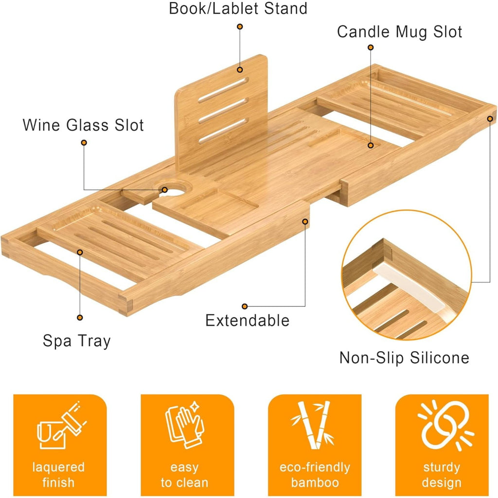Bathtub Tray Caddy,Premium Bamboo Expandable Bath Tub Trays Table, Foldable Bathroom Accessories,Great House Warming, Anniversary and Birthday Gifts