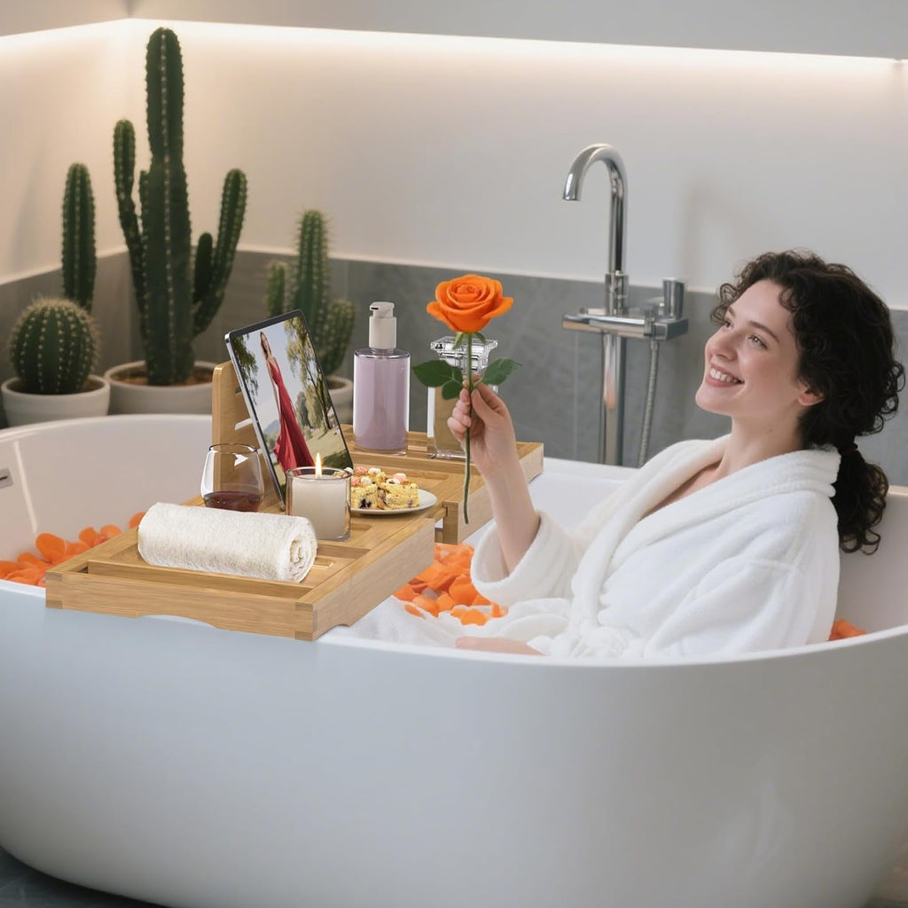 Bathtub Tray Caddy,Premium Bamboo Expandable Bath Tub Trays Table, Foldable Bathroom Accessories,Great House Warming, Anniversary and Birthday Gifts