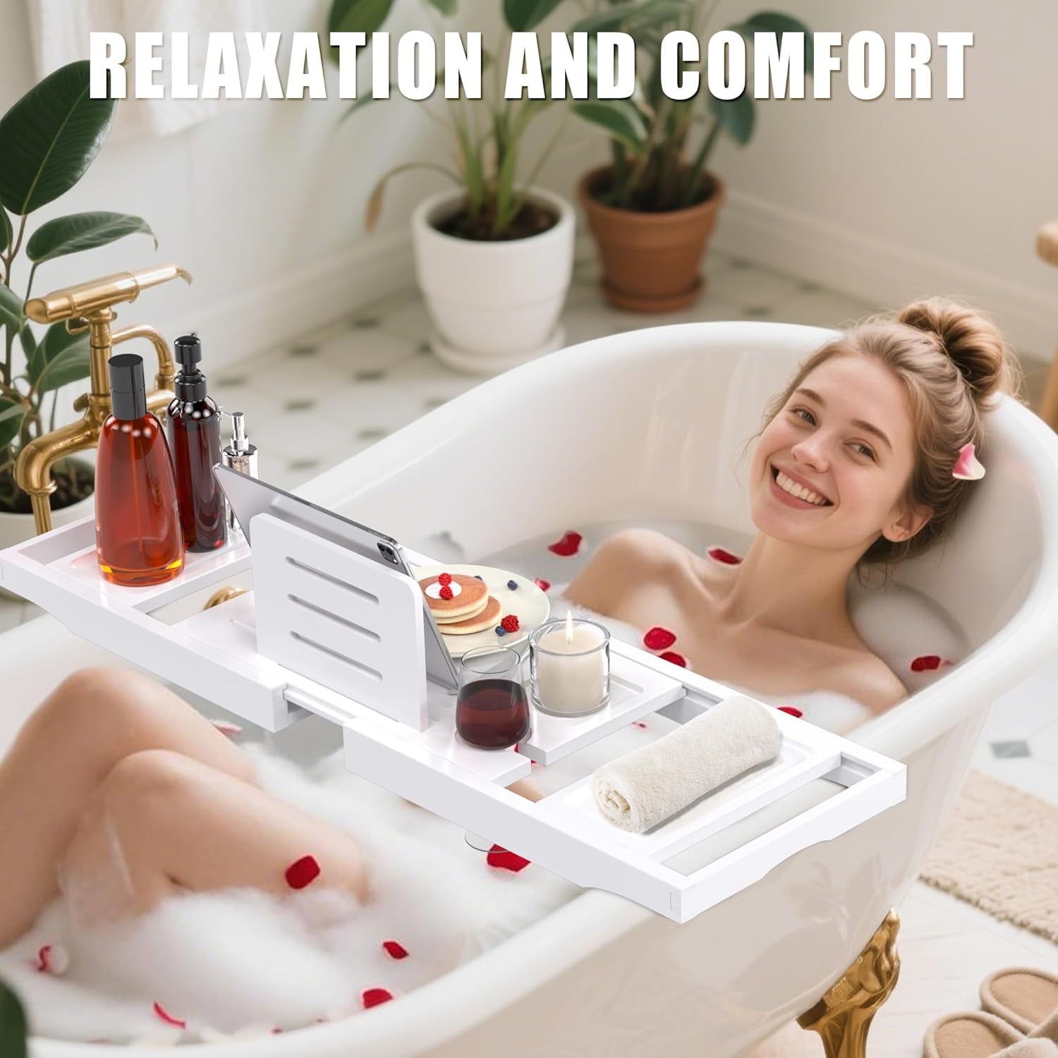 Bathtub Tray Caddy,Premium Bamboo Expandable Bath Tub Trays Table, Foldable Bathroom Accessories,Great House Warming, Anniversary and Birthday Gifts