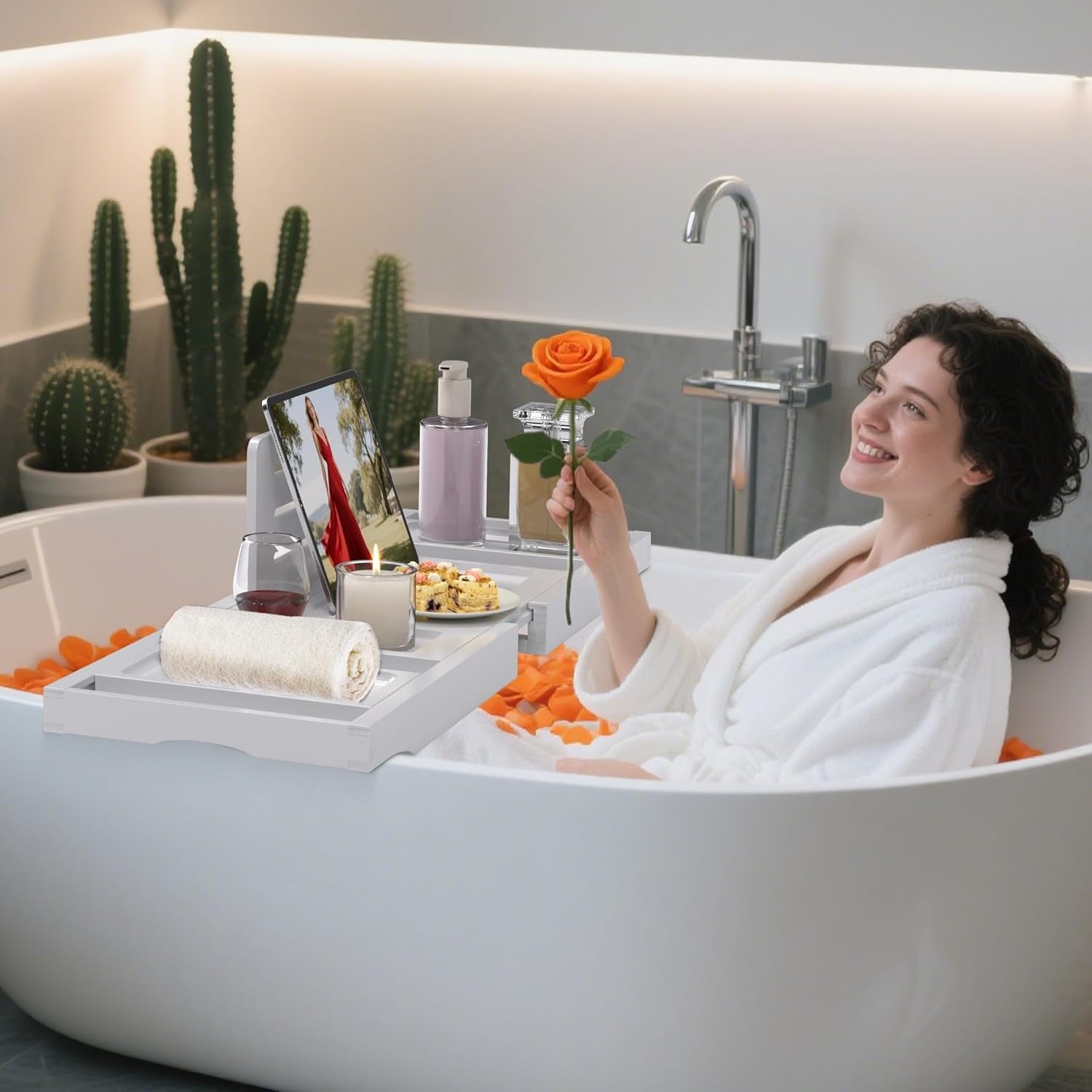 Bathtub Tray Caddy,Premium Bamboo Expandable Bath Tub Trays Table, Foldable Bathroom Accessories,Great House Warming, Anniversary and Birthday Gifts
