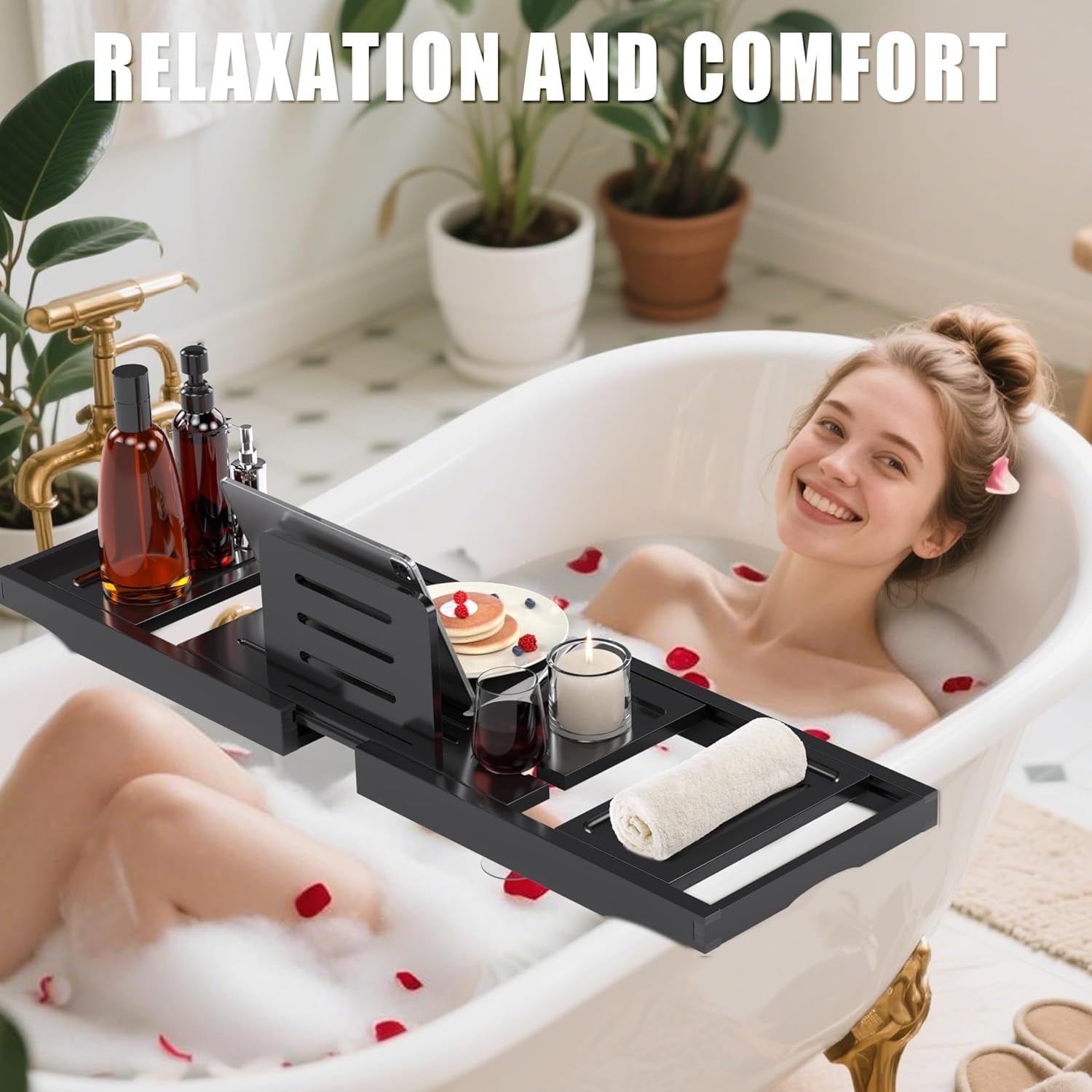 Bathtub Tray Caddy,Premium Bamboo Expandable Bath Tub Trays Table, Foldable Bathroom Accessories,Great House Warming, Anniversary and Birthday Gifts