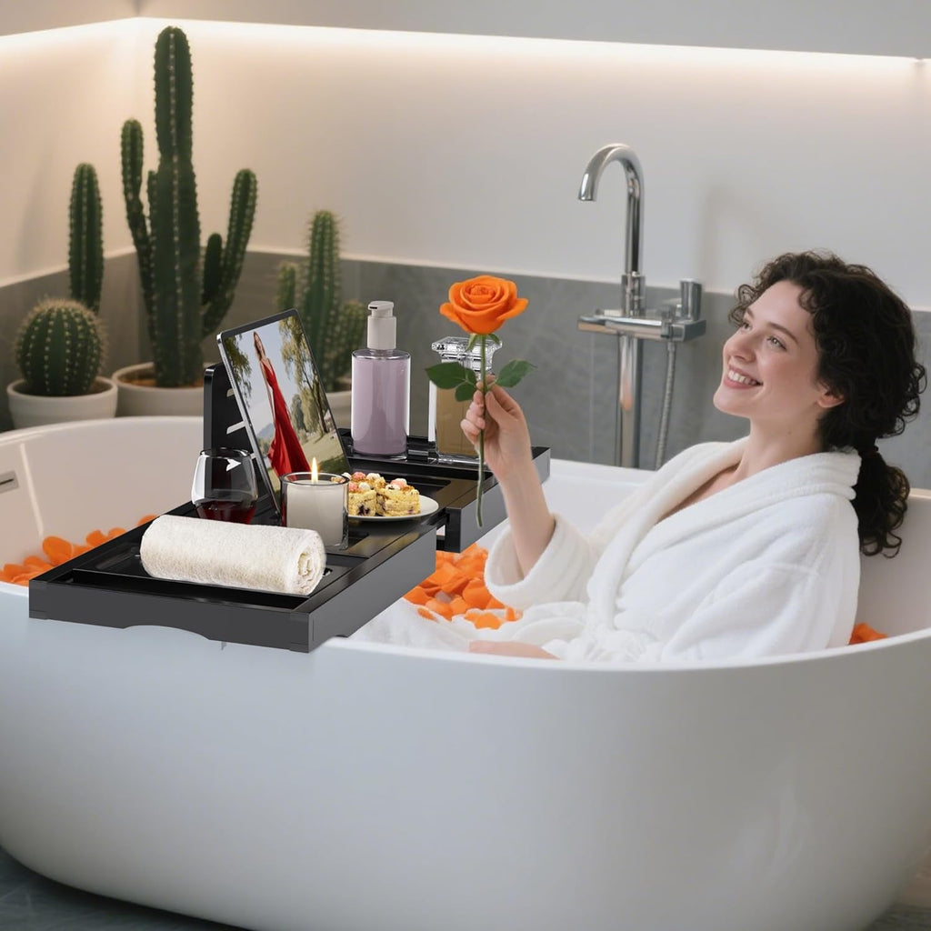 Bathtub Tray Caddy,Premium Bamboo Expandable Bath Tub Trays Table, Foldable Bathroom Accessories,Great House Warming, Anniversary and Birthday Gifts