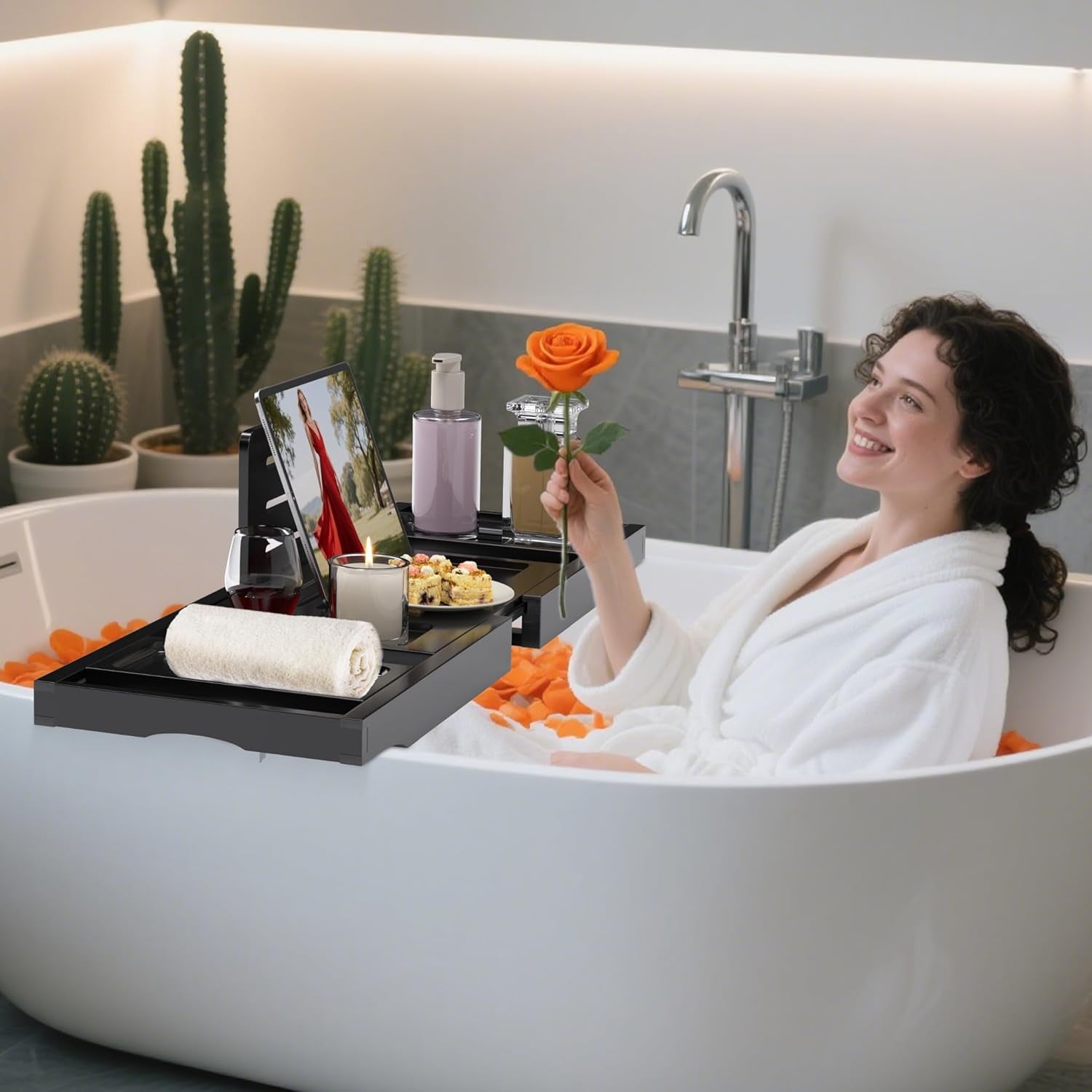 Bathtub Tray Caddy,Premium Bamboo Expandable Bath Tub Trays Table, Foldable Bathroom Accessories,Great House Warming, Anniversary and Birthday Gifts