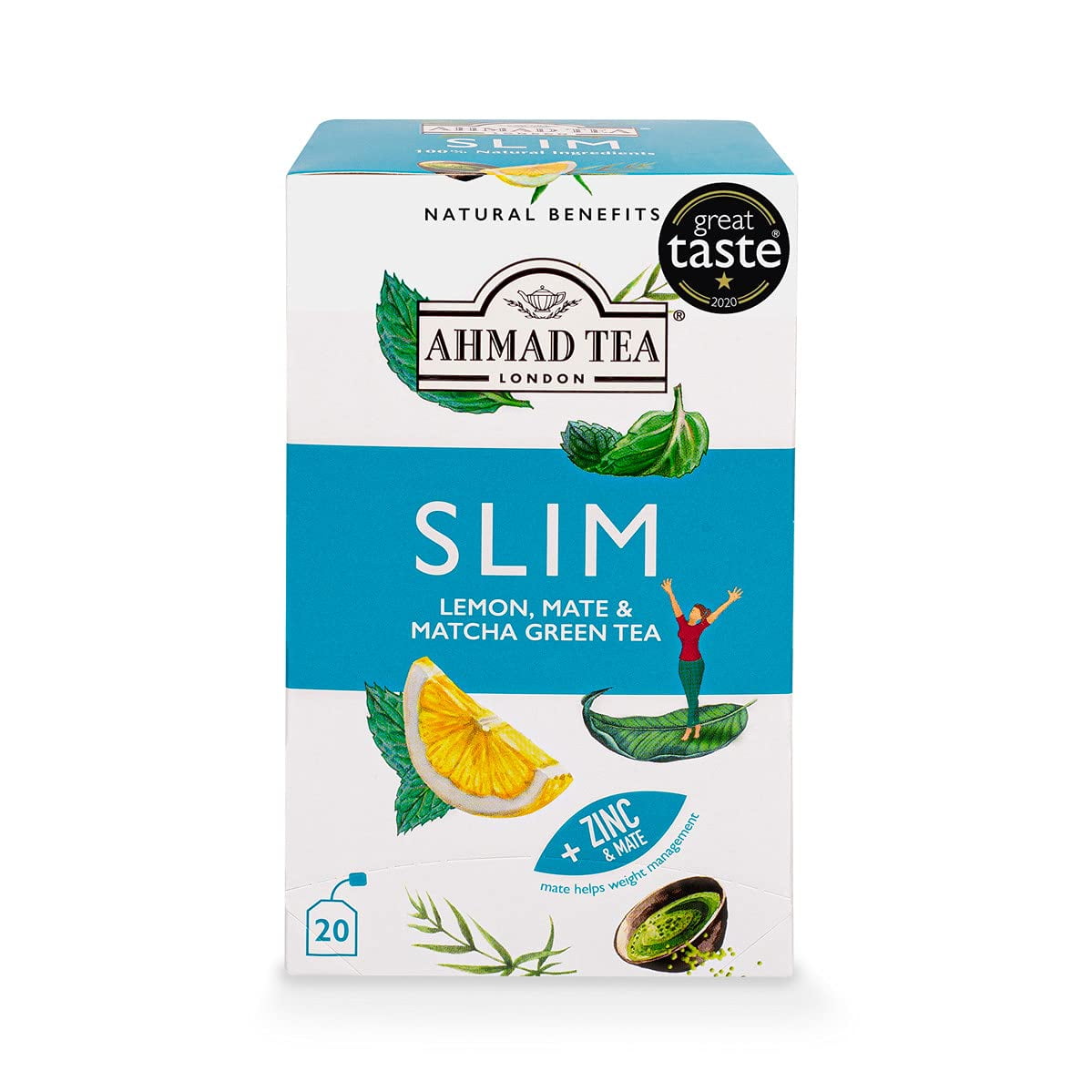 10 x - Ahmad Tea Green Tea, Lemon, Mate, &amp; Matcha 'Slim' Natural Benefits Teabags, 20 ct (Pack of 1) - Caffeinated &amp; Sugar-Free