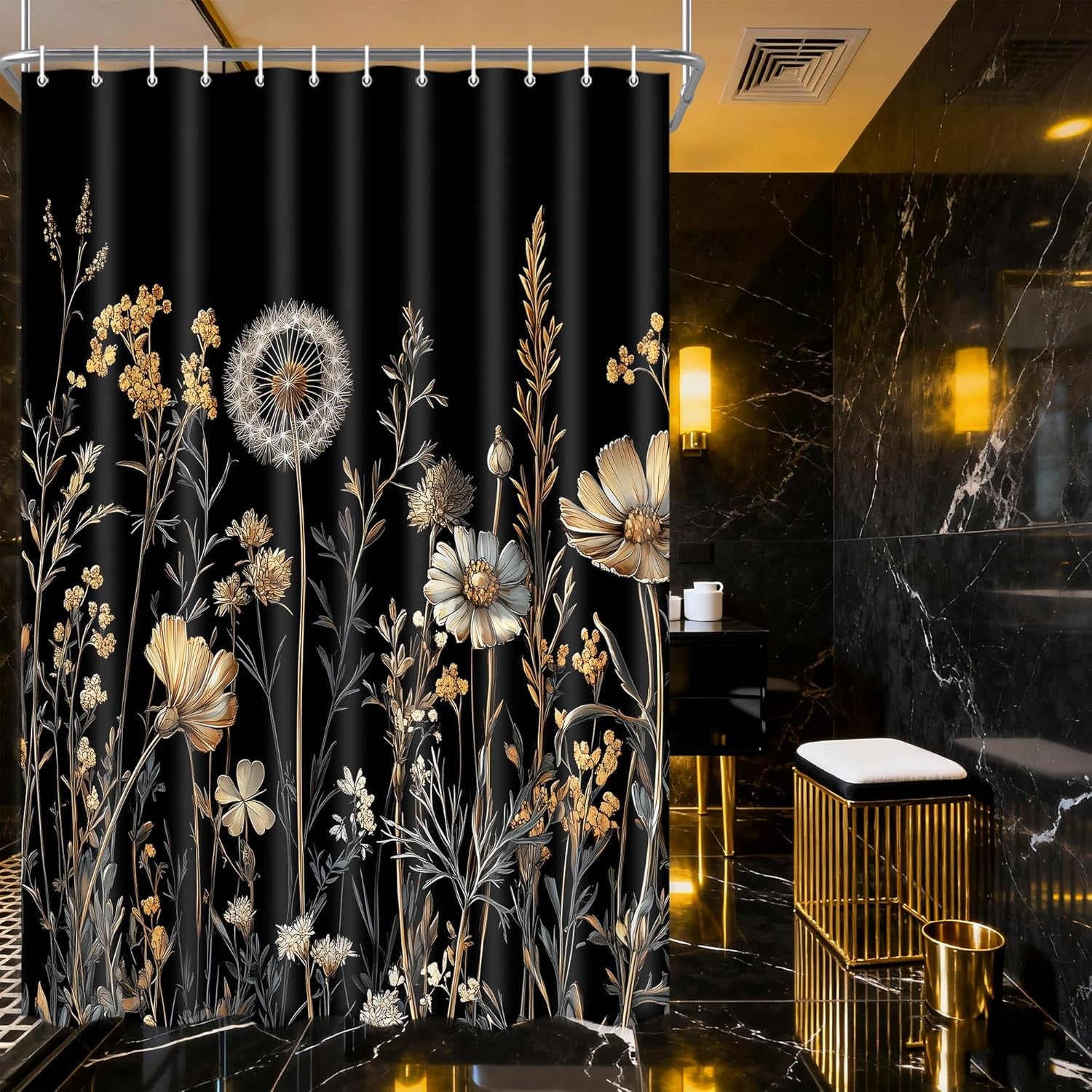 Boho Shower Curtain Vintage Floral Black Fabric Shower Curtain Machine Washable Waterproof Cloth Bath Curtain Farmhouse Country Bathroom Decoration 60x72 Inch