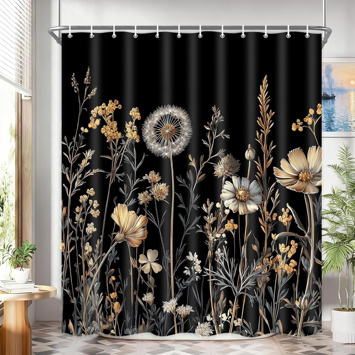 Boho Shower Curtain Vintage Floral Black Fabric Shower Curtain Machine Washable Waterproof Cloth Bath Curtain Farmhouse Country Bathroom Decoration 60x72 Inch