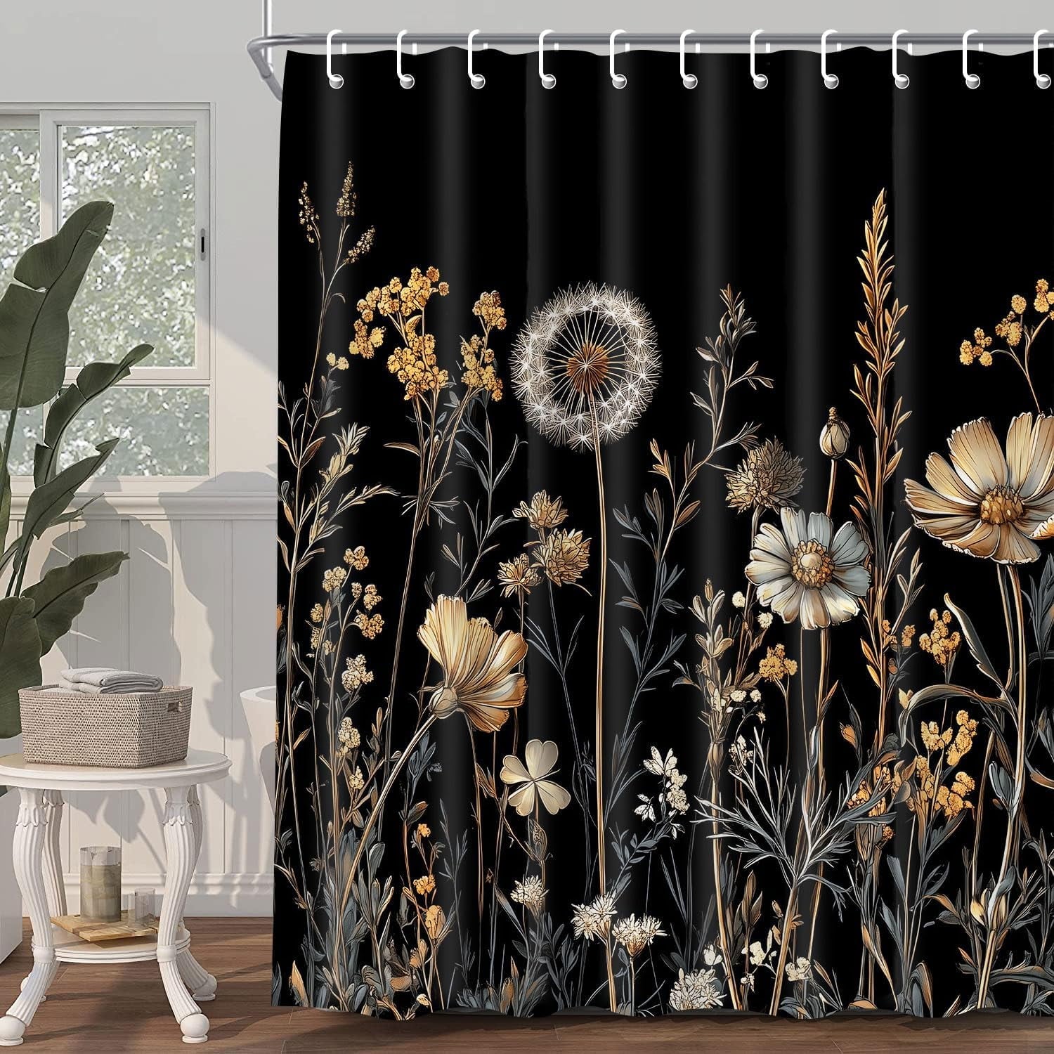 Boho Shower Curtain Vintage Floral Black Fabric Shower Curtain Machine Washable Waterproof Cloth Bath Curtain Farmhouse Country Bathroom Decoration 60x72 Inch