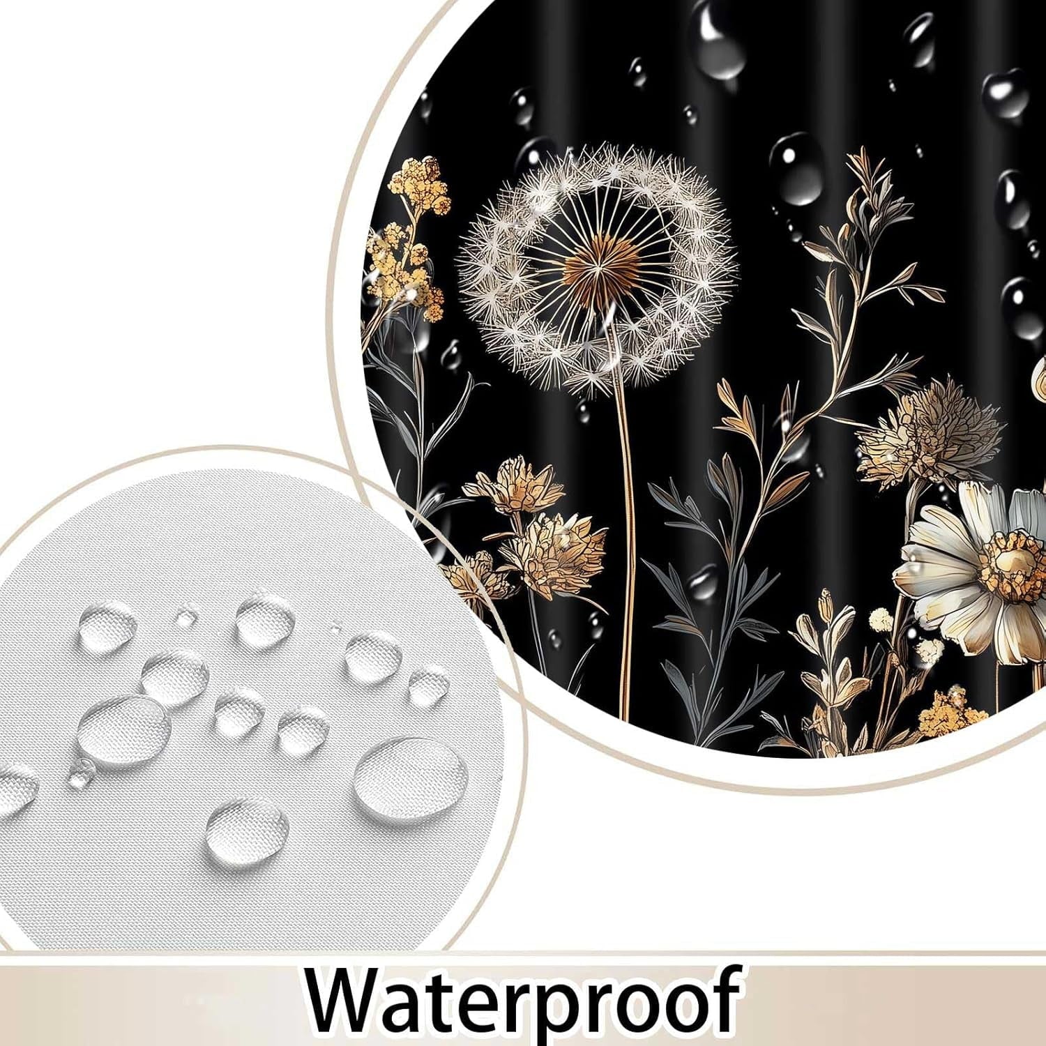 Boho Shower Curtain Vintage Floral Black Fabric Shower Curtain Machine Washable Waterproof Cloth Bath Curtain Farmhouse Country Bathroom Decoration 60x72 Inch