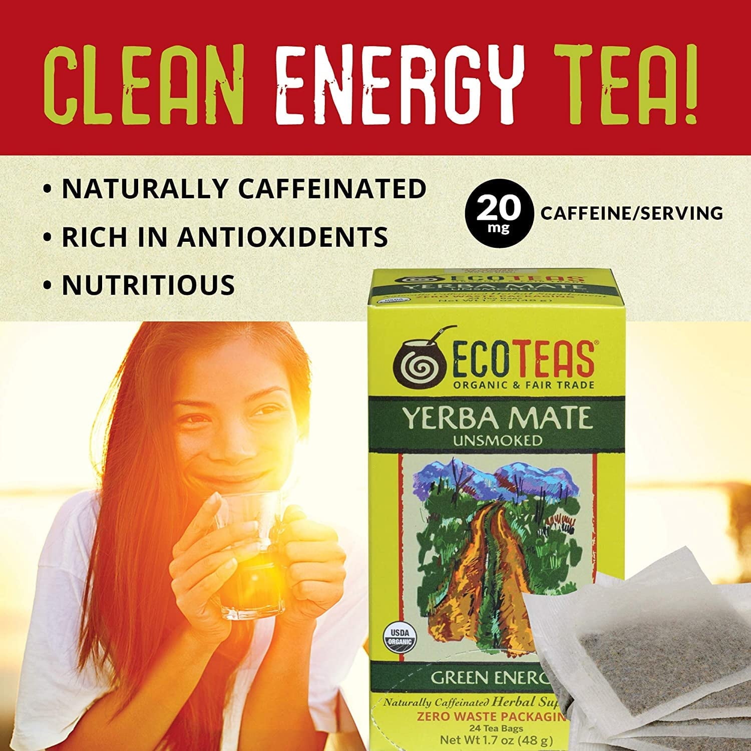 Organic Unsmoked Yerba Mate Tea Bags - 24 Count, 1.7 Oz - Organic Detox Tea - Hi Caf Tea - Clean Yerba Mate Energy -  Yerba Mate (6 Pack)
