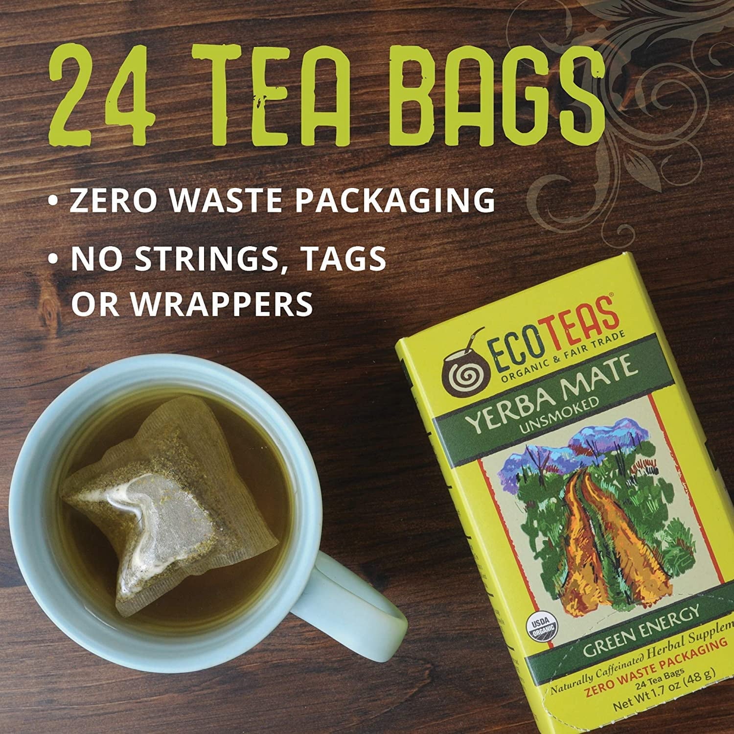 Organic Unsmoked Yerba Mate Tea Bags - 24 Count, 1.7 Oz - Organic Detox Tea - Hi Caf Tea - Clean Yerba Mate Energy -  Yerba Mate (6 Pack)