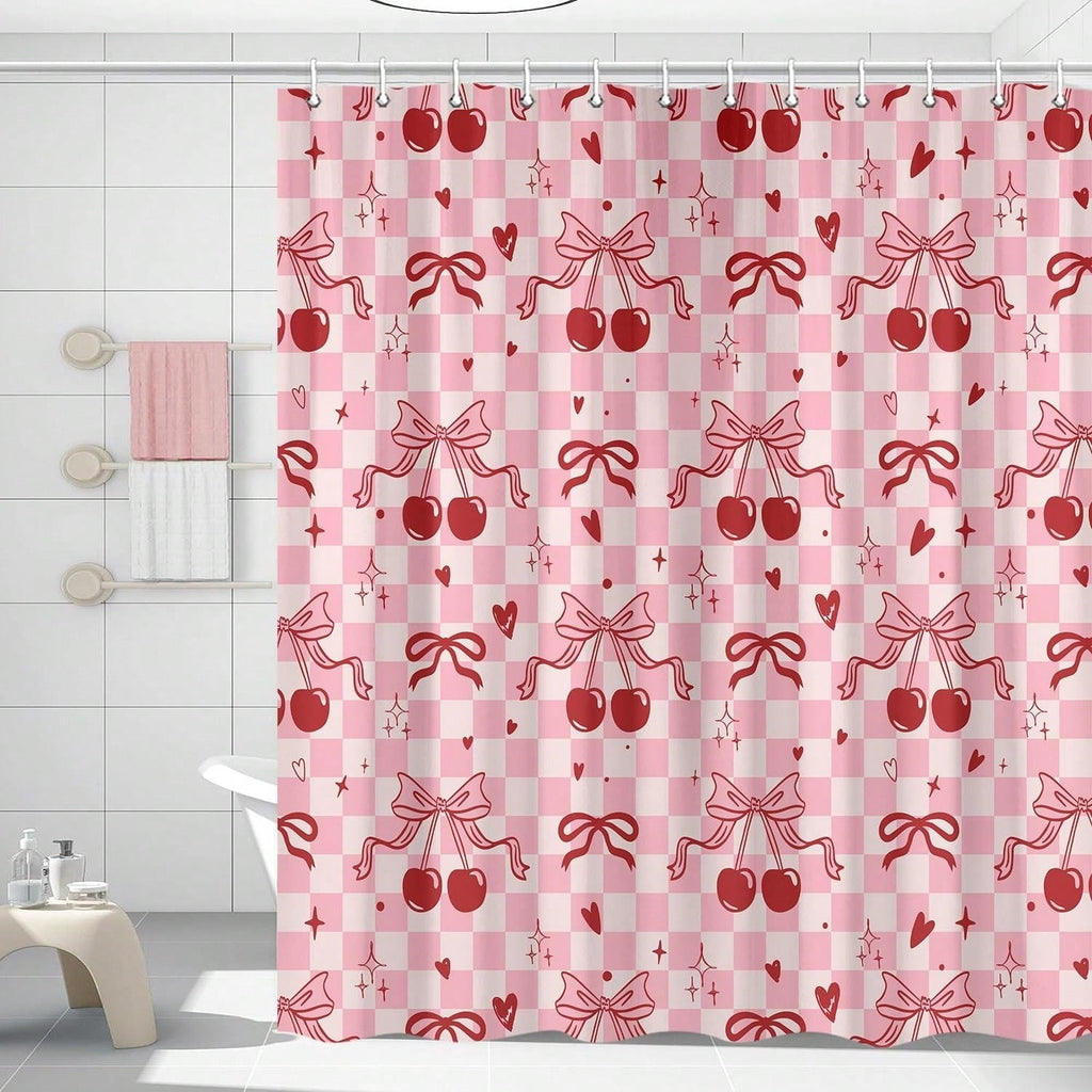 Bow Cherry Shower Curtain Pink Bathroom Shower Curtain Valentines Day Shower Curtain Cute Romantic Bathtub Decor with Hooks, Gifts For Christmas/Birthday/Holiday/House Warming/Valentine Day