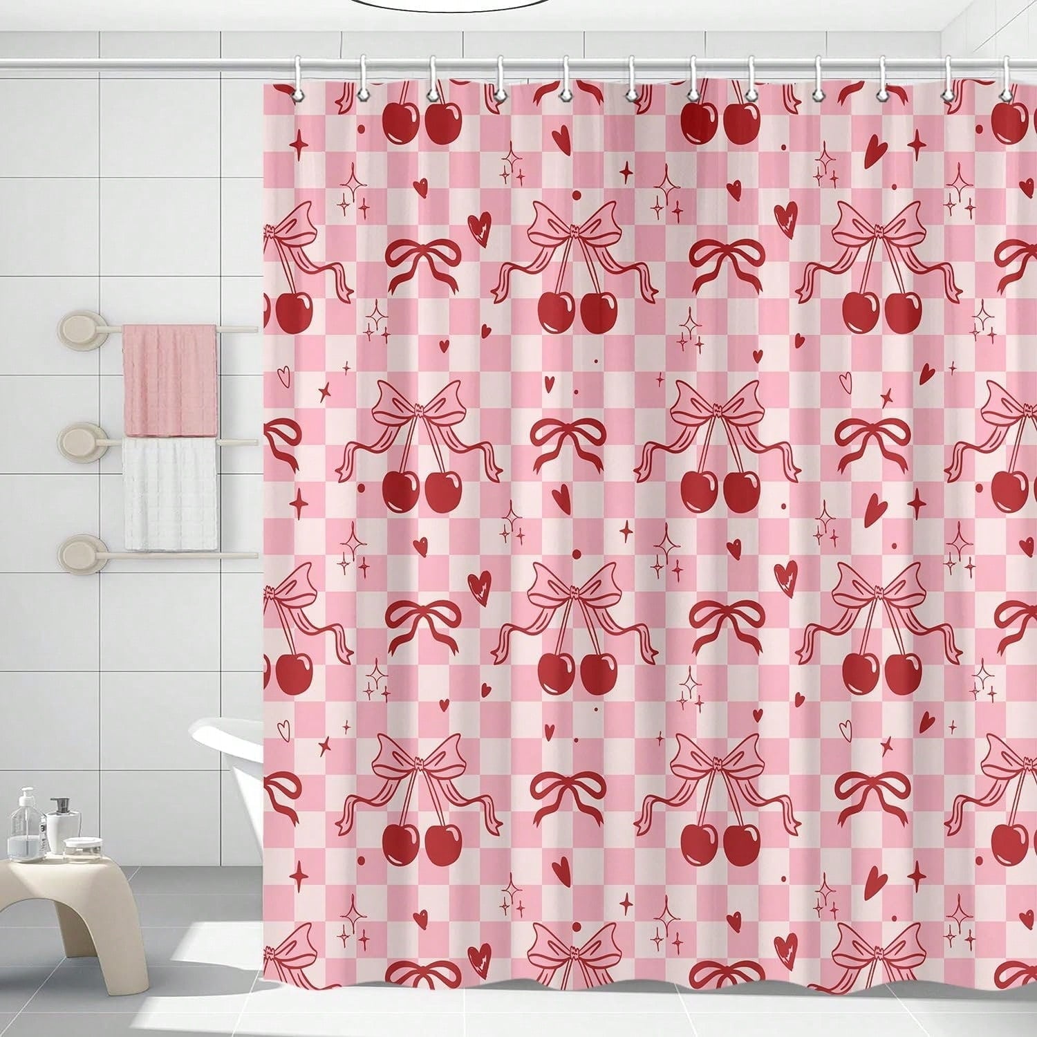 Bow Cherry Shower Curtain Pink Bathroom Shower Curtain Valentines Day Shower Curtain Cute Romantic Bathtub Decor with Hooks, Gifts For Christmas/Birthday/Holiday/House Warming/Valentine Day
