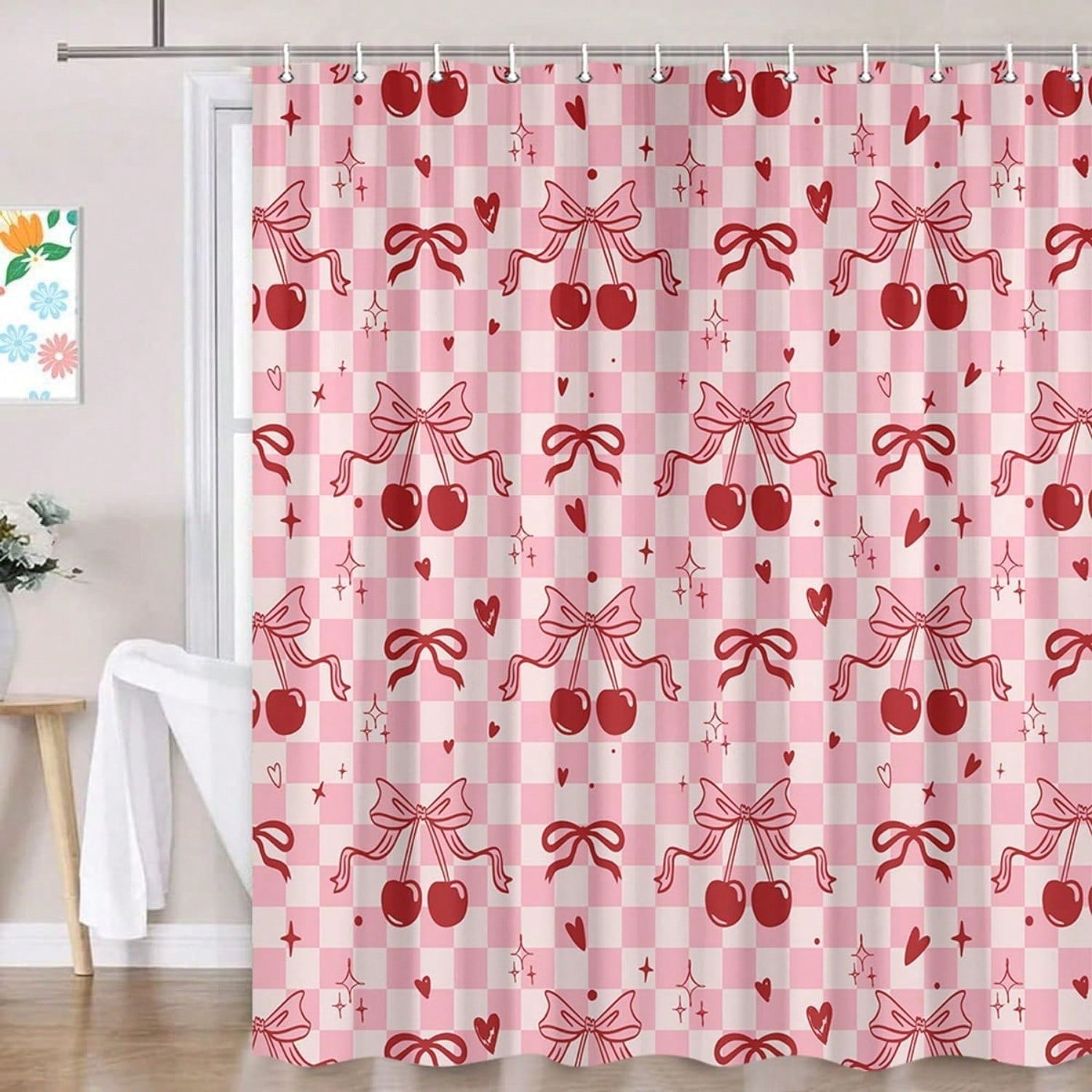 Bow Cherry Shower Curtain Pink Bathroom Shower Curtain Valentines Day Shower Curtain Cute Romantic Bathtub Decor with Hooks, Gifts For Christmas/Birthday/Holiday/House Warming/Valentine Day