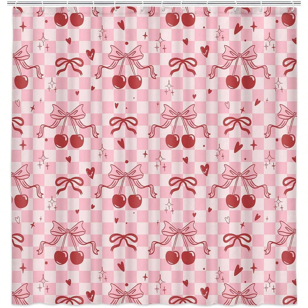 Bow Cherry Shower Curtain Pink Bathroom Shower Curtain Valentines Day Shower Curtain Cute Romantic Bathtub Decor with Hooks, Gifts For Christmas/Birthday/Holiday/House Warming/Valentine Day