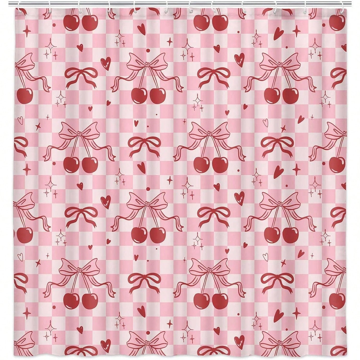 Bow Cherry Shower Curtain Pink Bathroom Shower Curtain Valentines Day Shower Curtain Cute Romantic Bathtub Decor with Hooks, Gifts For Christmas/Birthday/Holiday/House Warming/Valentine Day