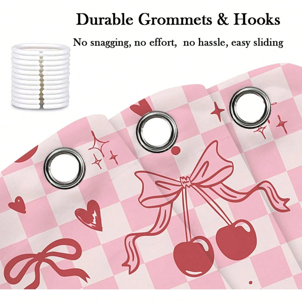 Bow Cherry Shower Curtain Pink Bathroom Shower Curtain Valentines Day Shower Curtain Cute Romantic Bathtub Decor with Hooks, Gifts For Christmas/Birthday/Holiday/House Warming/Valentine Day
