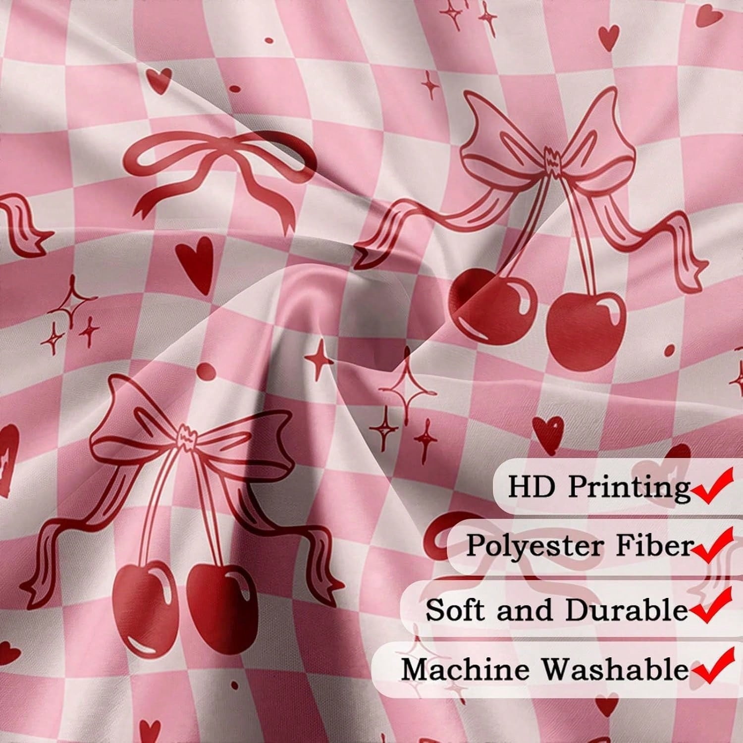 Bow Cherry Shower Curtain Pink Bathroom Shower Curtain Valentines Day Shower Curtain Cute Romantic Bathtub Decor with Hooks, Gifts For Christmas/Birthday/Holiday/House Warming/Valentine Day