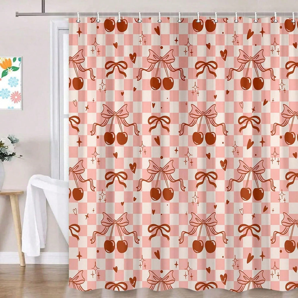 Bow Cherry Shower Curtain Pink Bathroom Shower Curtain Valentines Day Shower Curtain Cute Romantic Bathtub Decor with Hooks, Gifts For Christmas/Birthday/Holiday/House Warming/Valentine Day