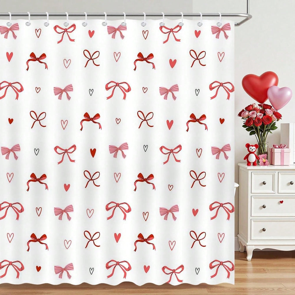 Bow Cherry Shower Curtain Pink Bathroom Shower Curtain Valentines Day Shower Curtain Cute Romantic Bathtub Decor with Hooks, Gifts For Christmas/Birthday/Holiday/House Warming/Valentine Day