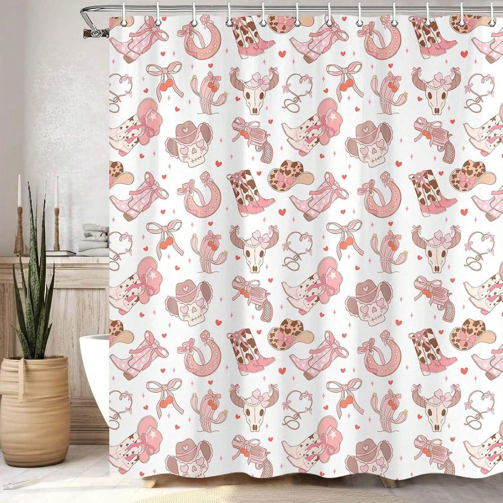 Bow Cherry Shower Curtain Pink Bathroom Shower Curtain Valentines Day Shower Curtain Cute Romantic Bathtub Decor with Hooks, Gifts For Christmas/Birthday/Holiday/House Warming/Valentine Day
