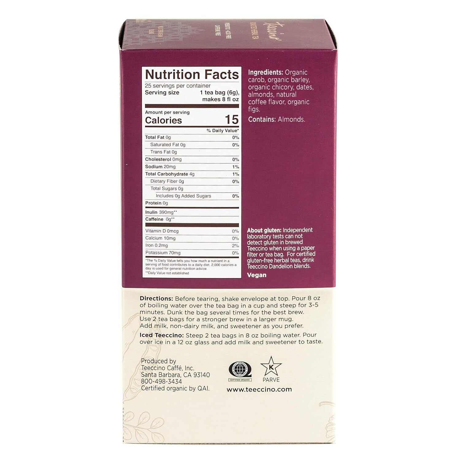 Teeccino Roasted Herbal Tea, Java, Caffeine Free, 25 Tea Bags, 5.3 oz (150 g)