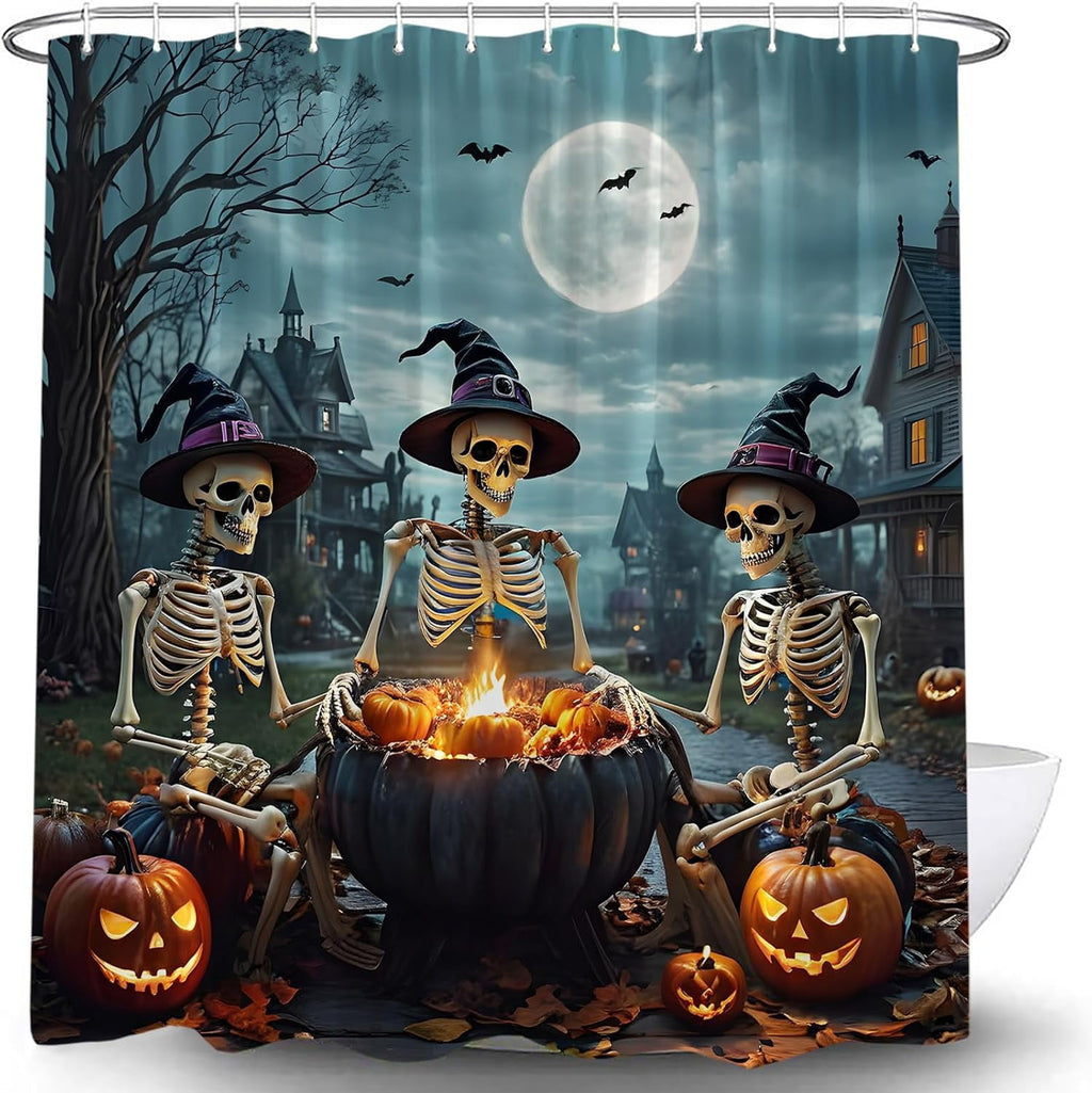 Funny Halloween Shower Curtain Trick or Treat Skull Witchy Party Courtyard Skeleton Day Death Gothic Spooky Night Castle Dead Tree Moon Crow Raven Pumpkin All Saints Bath Curtain 60x72in