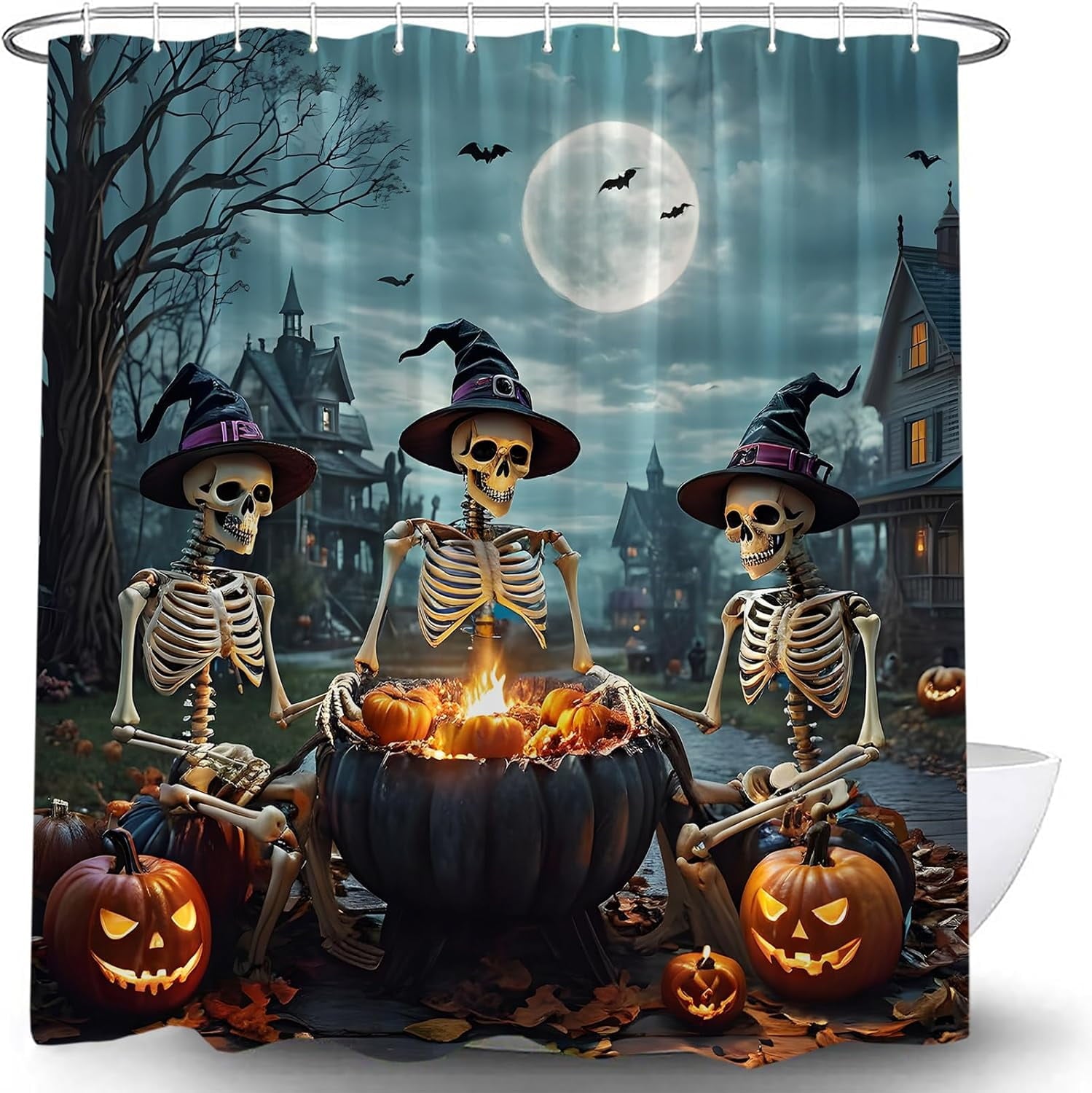 Funny Halloween Shower Curtain Trick or Treat Skull Witchy Party Courtyard Skeleton Day Death Gothic Spooky Night Castle Dead Tree Moon Crow Raven Pumpkin All Saints Bath Curtain 60x72in
