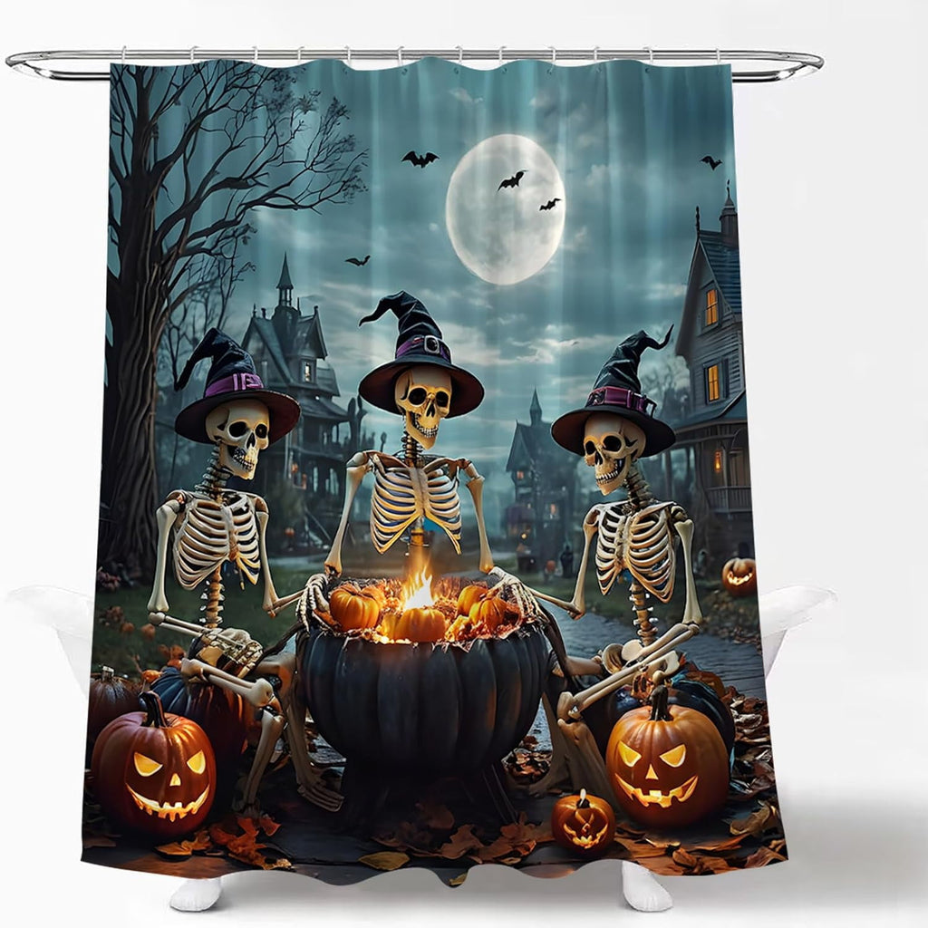 Funny Halloween Shower Curtain Trick or Treat Skull Witchy Party Courtyard Skeleton Day Death Gothic Spooky Night Castle Dead Tree Moon Crow Raven Pumpkin All Saints Bath Curtain 60x72in