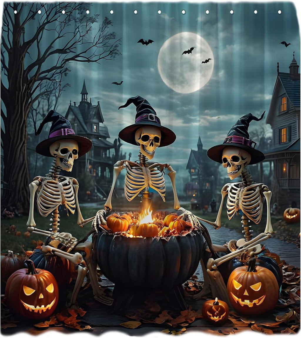Funny Halloween Shower Curtain Trick or Treat Skull Witchy Party Courtyard Skeleton Day Death Gothic Spooky Night Castle Dead Tree Moon Crow Raven Pumpkin All Saints Bath Curtain 60x72in