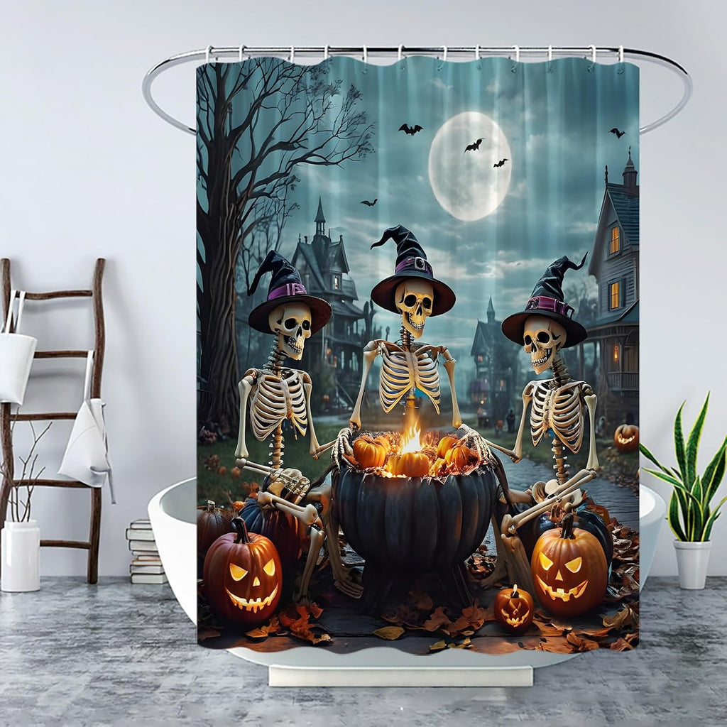 Funny Halloween Shower Curtain Trick or Treat Skull Witchy Party Courtyard Skeleton Day Death Gothic Spooky Night Castle Dead Tree Moon Crow Raven Pumpkin All Saints Bath Curtain 60x72in