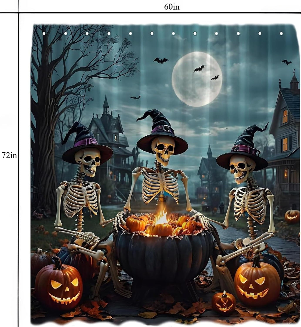Funny Halloween Shower Curtain Trick or Treat Skull Witchy Party Courtyard Skeleton Day Death Gothic Spooky Night Castle Dead Tree Moon Crow Raven Pumpkin All Saints Bath Curtain 60x72in