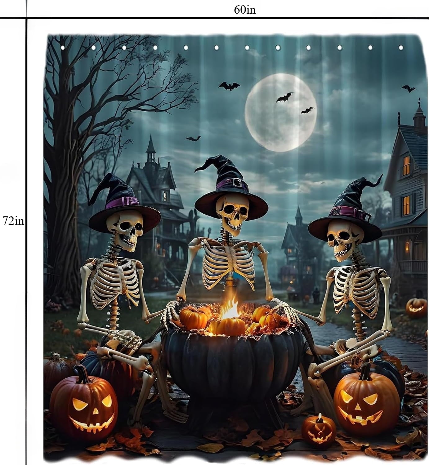 Funny Halloween Shower Curtain Trick or Treat Skull Witchy Party Courtyard Skeleton Day Death Gothic Spooky Night Castle Dead Tree Moon Crow Raven Pumpkin All Saints Bath Curtain 60x72in