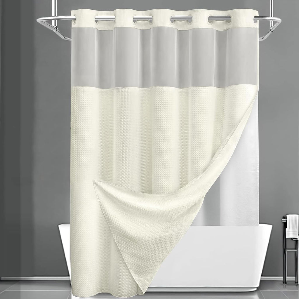 AllWays Plaza Waterproof Fabric Snap in Shower Curtain Liner Replacement with 2 Magnets71 W x 55" L for 72" W x 75" L No Hook Shower Curtain - Removable &amp; Detachable to Wash - White
