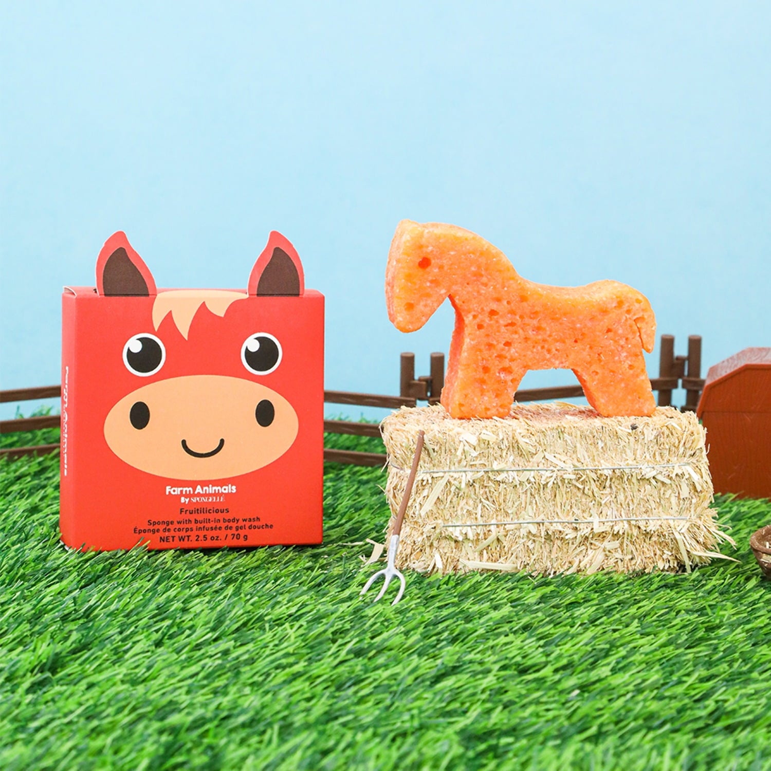 SPONGELLÉ Farm Animals, Kids Cleansing Sponge with Built-In Body Wash, Henry Horse